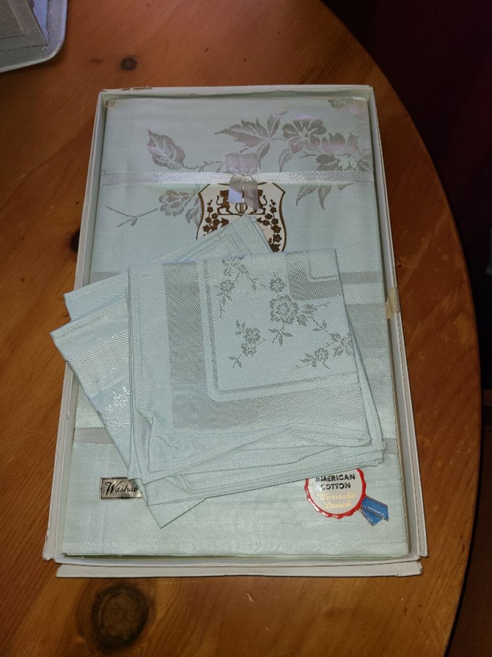 VTG NOS Damask Tablecloth & 4 Napkin Set Light Blue Made with American Cotton